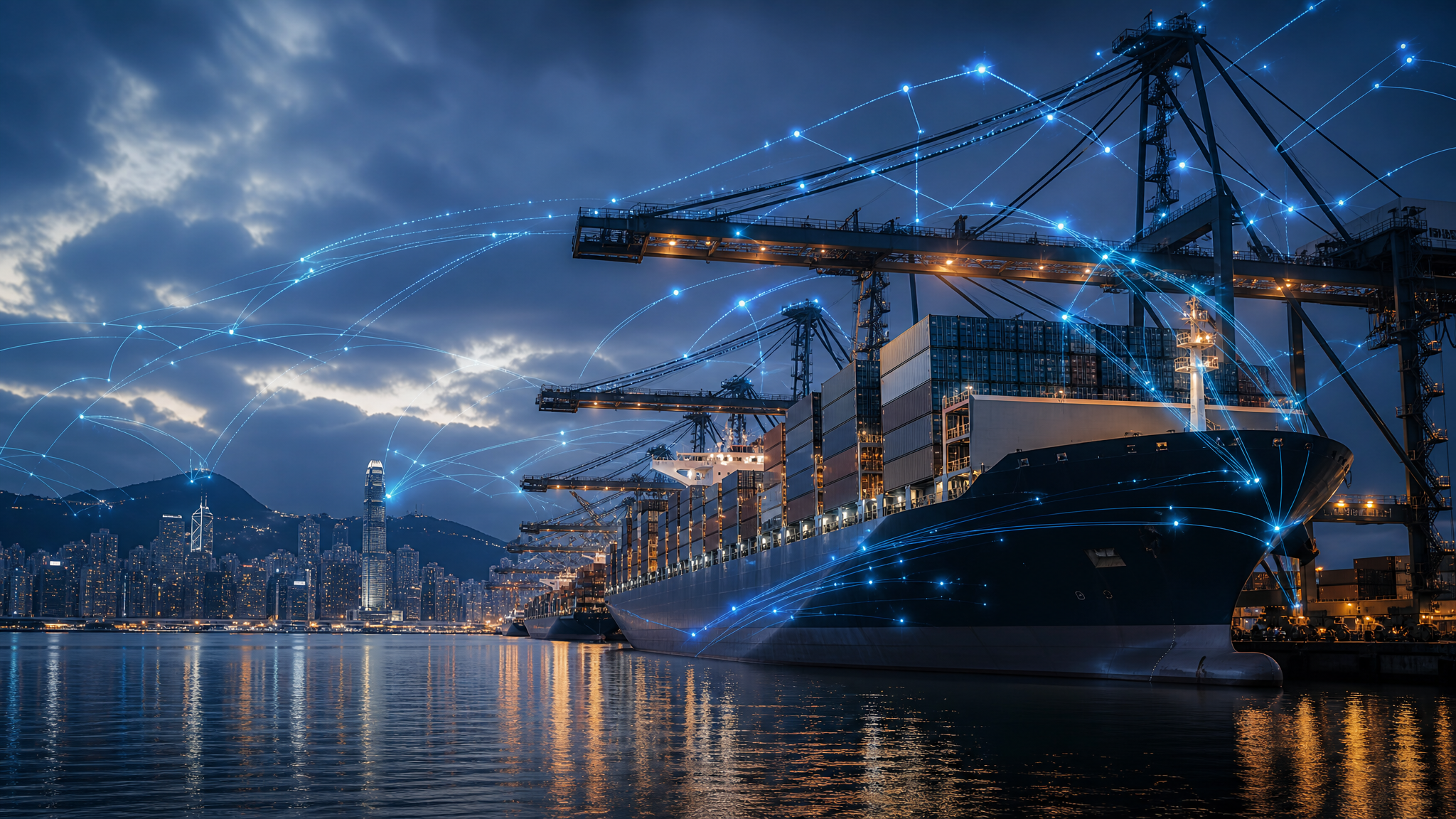 Hong Kong port skyline with container ships